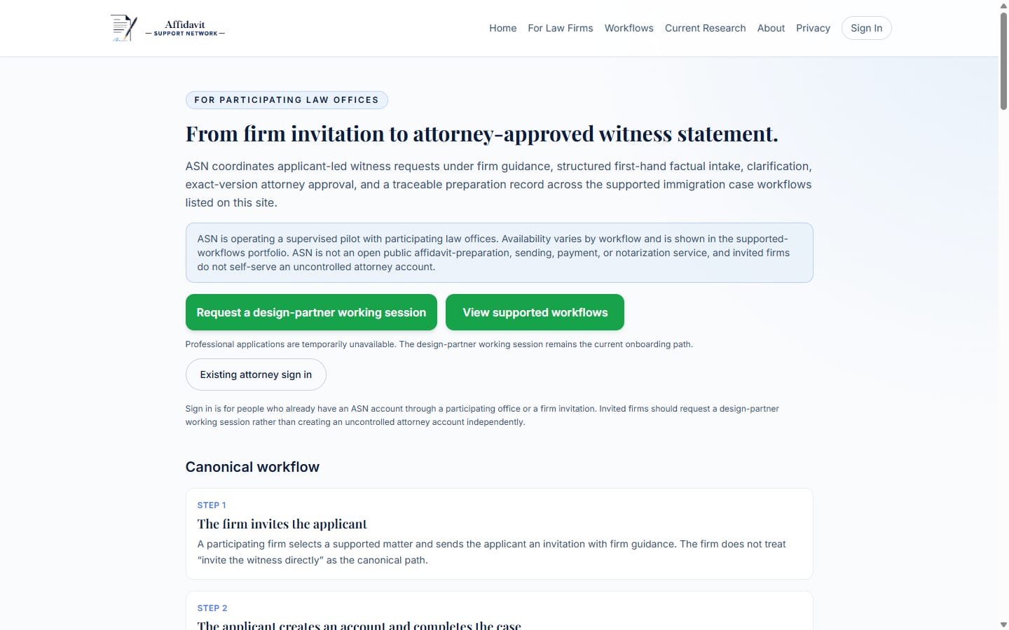 Public Affidavit Support Network page for law firms and professionals.
